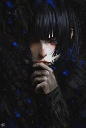 Rule 34 | 1girl, alternate costume, black hair, black jacket, black sleeves, blue eyes, blue hair, covering face, highres, holocouncil, hololive, hololive english, jacket, leather, leather jacket, looking at viewer, ouro kronii, realistic, red lips, steb, upper body, virtual youtuber