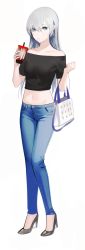 Rule 34 | 1girl, absurdres, anastasia (fate), bag, black footwear, black shirt, blue eyes, blue pants, breasts, casual, closed mouth, collarbone, crop top, denim, fate/grand order, fate (series), full body, hair between eyes, handbag, high heels, highres, holding, holding bag, kim992566, long hair, medium breasts, midriff, navel, off-shoulder shirt, off shoulder, pants, pumps, shirt, silver hair, simple background, solo, standing, stomach, straight hair, very long hair, white background