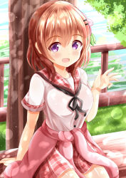Rule 34 | 1girl, :d, arm support, black ribbon, blush, breasts, brown hair, commentary request, day, fence, gochuumon wa usagi desu ka?, hair between eyes, hair ornament, hairclip, hand up, highres, hoto cocoa, looking at viewer, medium breasts, neck ribbon, on bench, open mouth, outdoors, plaid, plaid sailor collar, plaid skirt, purple eyes, red sailor collar, red skirt, ribbon, river, sailor collar, school uniform, serafuku, shirt, short sleeves, sitting, skirt, smile, solo, tree, water, white shirt, xenon (for achieve)