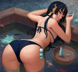 Rule 34 | 1girl, alcohol, ass, back, bare arms, bare shoulders, bent over, bikini, black bikini, black eyes, black feathers, black hair, blunt bangs, breasts, cameltoe, choko (cup), cup, dead or alive, dead or alive 5, feathers, from behind, hair tubes, large breasts, lasterk, leaning forward, long hair, looking at viewer, looking back, mole, mole under mouth, nyotengu, partially submerged, pool, purple eyes, sake, seductive smile, sideboob, smile, solo, swimsuit, tokkuri, water, wet