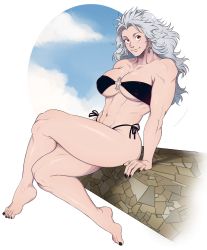 Rule 34 | 1girl, abs, absurdres, bad id, bad twitter id, barefoot, bikini, black nails, blue sky, breasts, cleavage, cloud, cloudy sky, collarbone, crossed legs, dorohedoro, earrings, feet, grey hair, highres, jewelry, large breasts, long hair, looking at viewer, messy hair, muscular, muscular female, nail polish, navel, noi (dorohedoro), o-ring, o-ring top, orangekisses, red eyes, side-tie bikini bottom, simple background, sitting, sky, smile, solo, swimsuit, toned