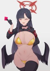 Rule 34 | 1girl, absurdres, black hair, black wings, blue archive, breasts, closed eyes, cowboy shot, halo, highres, ichika (blue archive), large breasts, long hair, low wings, open mouth, red halo, solo, soya6479, wings