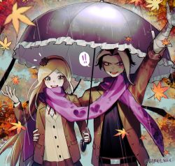 Rule 34 | 1boy, 1girl, :d, arm up, autumn, autumn leaves, bandaged arm, bandages, barry nah, belt, black belt, black hair, blush, brown jacket, brown pants, brown skirt, brown vest, danganronpa (series), danganronpa 3 (anime), green eyes, heart, highres, holding, holding umbrella, hope&#039;s peak academy school uniform, jacket, long sleeves, looking at viewer, multicolored hair, neck ribbon, official alternate costume, official alternate hairstyle, open mouth, outdoors, pants, pink scarf, rain, red ribbon, ribbon, scarf, school uniform, shirt tucked in, short hair, skirt, smile, sonia nevermind, tanaka gundham, tree, two-tone hair, umbrella, vest, white hair