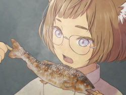 Rule 34 | 1girl, animal ears, blue eyes, bob cut, brown hair, cat ears, commentary, eating, fang, fish, fish (food), food, glasses, grilled fish, highres, holding, holding food, inutarou, original, portrait, skewer, solo