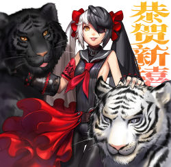 Rule 34 | 10s, 1girl, :p, armband, black hair, blade &amp; soul, breasts, eyepatch, fang, female focus, gauntlets, hair ribbon, long hair, multicolored hair, pohwaran, ribbon, sailor collar, sideboob, small breasts, solo, split-color hair, tiger, tongue, tongue out, translation request, twintails, two-tone hair, very long hair, white background, white hair, yukiusagi1983