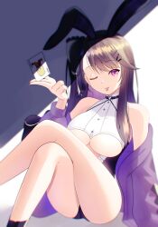 Rule 34 | 1girl, ;d, alternate costume, animal ears, arm behind back, ass, azur lane, bare legs, black choker, breasts, brown hair, card, choker, clothes pull, clothing cutout, commentary request, crossed legs, hair ornament, hairclip, hand up, heart, heart choker, highres, holding, holding card, jacket, jacket pull, joker (playing card), knees up, large breasts, legs, leotard, long hair, long sleeves, looking at viewer, no bra, off shoulder, one eye closed, open mouth, pamiat merkuria (azur lane), pink eyes, playing card, purple jacket, rabbit ears, sitting, smile, solo, tako-san wiener (takosanuma), thighs, underboob, underboob cutout, very long hair, x hair ornament