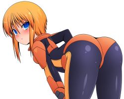 Rule 34 | 1girl, ass, bent over, black bodysuit, blue eyes, blush, bodysuit, closed mouth, from behind, gundam, gundam zz, jun&#039;you maru, looking at viewer, looking back, orange hair, pilot suit, puru two, shiny clothes, short hair, simple background, skin tight, solo, standing, white background