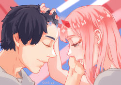 Rule 34 | 10s, 1boy, 1girl, absurdres, black hair, blue horns, closed eyes, commentary, couple, darling in the franxx, face-to-face, facing another, green eyes, hand on another&#039;s face, hand on another&#039;s head, hetero, highres, hiro (darling in the franxx), horns, long hair, looking at another, oni horns, pciyoo, pink hair, red horns, short hair, signature, spoilers, zero two (darling in the franxx)