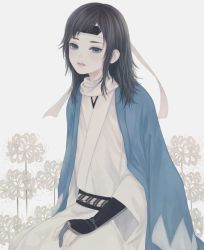 Rule 34 | 1boy, androgynous, bishounen, black hair, blue cape, blue eyes, cape, commentary request, flower, hand on lap, headband, japanese clothes, kimono, long sleeves, looking at viewer, male focus, obi, parted lips, ribbon, sash, simple background, sitting, solo, spider lily, touken ranbu, upper body, ushiyama ame, vambraces, white background, white flower, white kimono, white ribbon, white spider lily, yamato-no-kami yasusada