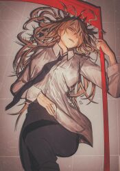 Rule 34 | 1girl, bad id, bad twitter id, black necktie, black pants, brown hair, chainsaw man, collared shirt, cross-shaped pupils, hair over one eye, half-closed eyes, highres, holding, holding scythe, horns, long hair, looking at viewer, lying, necktie, niroxin, on back, pants, power (chainsaw man), red eyes, red horns, scythe, shirt, shirt partially tucked in, solo, symbol-shaped pupils, white shirt