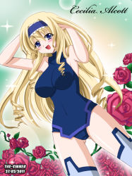 Rule 34 | 10s, 1girl, :d, artist name, blonde hair, blue eyes, breasts, cecilia alcott, character name, dated, drill hair, dutch angle, flower, hairband, infinite stratos, large breasts, leotard, lolita hairband, long hair, looking at viewer, open mouth, pilot suit, rose, school swimsuit, smile, solo, swimsuit, the-sinner