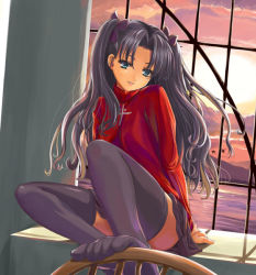 Rule 34 | 00s, 1girl, arm support, bird, black hair, black thighhighs, blue eyes, chair, cloud, dutch angle, fate/stay night, fate (series), feet, feet on chair, female focus, foreshortening, hair intakes, hair ribbon, head tilt, indoors, knees, lake, leg lift, legs, long hair, long legs, long sleeves, looking at viewer, parted lips, q-gaku, red shirt, ribbon, shadow, shirt, sitting, skirt, smile, solo, sunset, thighhighs, thighs, toes, tohsaka rin, turtleneck, twintails, two side up, type-moon, wall, water, wavy hair, window, zettai ryouiki