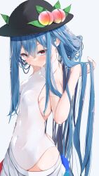 Rule 34 | 1girl, absurdres, black hat, blue hair, blue skirt, blush, breasts, covered navel, from side, fruit hat ornament, grey background, hair between eyes, hat, hat ornament, highres, hinanawi tenshi, holding, holding own hair, leotard, long hair, looking at viewer, peach hat ornament, red eyes, simple background, skirt, small breasts, solo, touhou, tsune (tune), upper body, white leotard
