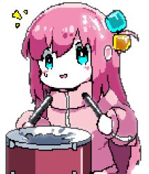 Rule 34 | 1girl, blue eyes, blush, bocchi the rock!, cube hair ornament, downvote (downvote me), drum, drumsticks, gotoh hitori, hair ornament, holding, holding drumsticks, long hair, looking at viewer, one side up, open mouth, pink hair, pink track suit, pixel art, simple background, smile, snare drum, solo, sweat, white background