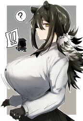 Rule 34 | !, !!, 1girl, ?, alternate breast size, animal ears, arknights, black gloves, black hair, border, breasts, closed mouth, doctor (arknights), from side, gin moku, gloves, grey background, hair between eyes, highres, huge breasts, long sleeves, looking at viewer, looking to the side, low ponytail, outside border, profile, raccoon ears, robin (arknights), shirt, sideways glance, simple background, solo, spoken exclamation mark, spoken question mark, sweatdrop, upper body, white border, white shirt, yellow eyes