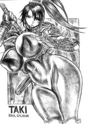 Rule 34 | 1girl, bodysuit, breasts, huge breasts, kodachi, monochrome, ponytail, short sword, skidrow, skin tight, solo, soul calibur, sword, taki (soulcalibur), thick thighs, thighs, weapon