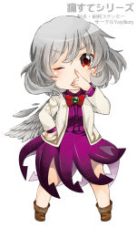 Rule 34 | 1girl, bad id, bad pixiv id, berry jou, bow, bowtie, chibi, dress, highres, index finger raised, jacket, kishin sagume, long sleeves, open clothes, purple dress, red eyes, shirt, short hair, silver hair, single wing, solo, touhou, wings