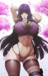 Rule 34 | 1girl, alternate costume, arms behind head, arms up, artstation username, backlighting, bikini, black thighhighs, blunt bangs, blurry, blurry foreground, breasts, brown thighhighs, bursting breasts, byakugan, cherry blossoms, cleavage, contrapposto, cowboy shot, crop top, curvy, deep skin, eyelashes, falling petals, female focus, fishnet top, fishnets, floating hair, forehead protector, gluteal fold, highleg, highleg bikini, highres, huge breasts, hyuuga hinata, konohagakure symbol, leg wrap, legs apart, long hair, looking at viewer, midriff, narrow waist, naruto, naruto (series), navel, o-ring, o-ring bikini, o-ring bottom, o-ring top, parted lips, petals, pouch, purple bikini, purple eyes, purple hair, revealing clothes, short sleeves, skindentation, slivokuch, smile, solo, stomach, swimsuit, thigh gap, thigh pouch, thigh strap, thighhighs, thighs, tree, very long hair, white eyes, wide hips