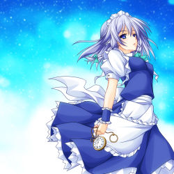 Rule 34 | 1girl, aoi hiro, apron, blue dress, blush, bow, bowtie, braid, cowboy shot, dress, frilled dress, frills, from side, green bow, green bowtie, hair between eyes, hair bow, izayoi sakuya, looking at viewer, looking to the side, maid, maid headdress, parted lips, pocket watch, puffy short sleeves, puffy sleeves, short sleeves, silver hair, solo, touhou, twin braids, waist apron, watch, wrist cuffs