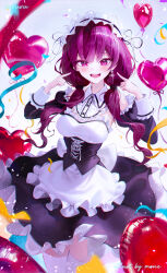 Rule 34 | 1girl, absurdres, alternate costume, apron, balloon, bare shoulders, black dress, breasts, center frills, detached collar, detached sleeves, dress, earrings, enmaided, frilled dress, frilled sleeves, frills, hair over shoulder, hands up, heart balloon, highres, index fingers raised, jewelry, jinbin825, juliet sleeves, jururu, large breasts, long hair, long sleeves, looking at viewer, low twintails, maid, maid apron, maid headdress, open mouth, puffy sleeves, purple eyes, purple hair, smile, solo, strapless, strapless dress, thighhighs, twintails, underbust, virtual youtuber, waist apron, waktaverse, white thighhighs, wing collar