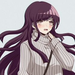 Rule 34 | 1girl, blunt bangs, blush, brown eyes, commentary, criis-chan, danganronpa (series), danganronpa 2: goodbye despair, english commentary, grey background, hand up, long hair, long sleeves, looking at viewer, lowres, mole, mole under eye, open mouth, purple hair, simple background, sleeves past wrists, solo, striped, sweater, tears, tsumiki mikan, turtleneck, upper body, very long hair