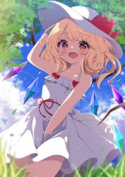 Rule 34 | 1girl, :d, absurdres, alternate costume, arm up, armpit peek, bare shoulders, blurry, blurry background, blurry foreground, blush, cloud, cowboy shot, crystal, day, depth of field, dress, fang, flandre scarlet, from below, g4ku, happy, hat, heart, heart-shaped pupils, highres, lens flare, looking at viewer, open mouth, outdoors, plant, red ribbon, ribbon, skin fang, sky, smile, solo, sundress, symbol-shaped pupils, thighs, touhou, tree, white dress, wings