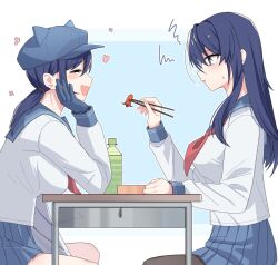 2girls black_pantyhose blue_eyes blue_gloves blue_hair blue_hat blue_sailor_collar blue_skirt blush_stickers bottle breasts chopsticks closed_eyes commentary_request cool_mita_(miside) feeding food from_side gloves hat highres holding holding_chopsticks kind_mita_(miside) large_breasts long_hair long_sleeves looking_at_another low_ponytail miside mita_(miside) mmmmrr_k multiple_girls neckerchief official_alternate_costume pantyhose ponytail pout red_neckerchief sailor_collar sausage simple_background skirt sweat twitter_username water_bottle