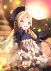 Rule 34 | 1girl, abigail williams (event portrait) (fate), abigail williams (fate), absurdres, black hat, black shirt, blonde hair, blue eyes, bodystocking, braid, braided ponytail, breasts, dress, fate/grand order, fate (series), forehead, grey dress, hat, highres, keyhole, lantern, long hair, long sleeves, looking at viewer, off shoulder, open mouth, paper lantern, parted bangs, shirt, sidelocks, small breasts, smile, solo, suntakuchan, very long hair