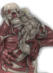 Rule 34 | 2boys, armored titan, ass, bara, blonde hair, colossal titan, giant, giant monster, gradient background, kaijuu, male focus, monochrome, monster, multiple boys, muscular, no pupils, nude, red eyes, shingeki no kyojin, titan (shingeki no kyojin), white background, yaoi