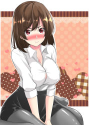 Rule 34 | 1girl, between legs, black pantyhose, blush, breasts, brown hair, collarbone, commentary request, embarrassed, hand between legs, large breasts, long sleeves, looking at viewer, original, pantyhose, red eyes, shirt, short hair, sitting, sleeves rolled up, solo, v arms, wariza, white shirt, yukino (yukinosora1126)