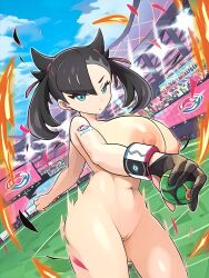 Rule 34 | 1girl, abs, alternate breast size, arm tattoo, black hair, blue eyes, breasts, completely nude, creatures (company), crowd, dusk ball, dynamax band, game freak, gloves, gunjima souichirou, hair ribbon, holding, holding poke ball, huge breasts, marnie (pokemon), nintendo, nipples, nude, official art, poke ball, pokemon, pokemon swsh, pokemon tcg, ribbon, single glove, solo, stadium, tattoo, thick thighs, thighs, third-party edit, twintails, uncensored, wristband