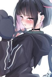 Rule 34 | 1girl, absurdres, animal ears, animal hands, black choker, black gloves, black hair, black jacket, blue archive, blush, cat ears, cat paws, choker, colored inner hair, extra ears, gloves, hair ornament, hairclip, halo, highres, hood, hood down, hooded jacket, jacket, kazu (kauk3753), kazusa (blue archive), long sleeves, looking at viewer, multicolored hair, open mouth, paw gloves, pink hair, pink halo, red eyes, short hair, simple background, solo, upper body, white background