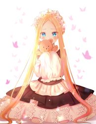 Rule 34 | 1girl, abigail williams (fate), abigail williams (festival outfit) (fate), bad id, bad pixiv id, black dress, blonde hair, blue eyes, blush, braid, bug, butterfly, butterfly hair ornament, commentary request, covered mouth, dress, fate/grand order, fate (series), forehead, hair ornament, heroic spirit chaldea park outfit, highres, holding, holding stuffed toy, insect, long hair, long sleeves, looking at viewer, nasii, official alternate costume, parted bangs, shirt, sidelocks, sitting, sleeves past fingers, sleeves past wrists, solo, stuffed animal, stuffed toy, teddy bear, very long hair, white background, white shirt