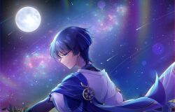Rule 34 | 168 azusa, 1boy, black shirt, blue cape, blue eyes, blue hair, blunt ends, cape, choppy bangs, closed mouth, commentary request, dark blue hair, eyeshadow, floating cape, from behind, full moon, genshin impact, hair between eyes, highres, jacket, looking at viewer, looking back, makeup, male focus, meteor shower, moon, multicolored hair, night, night sky, outdoors, profile, purple hair, red eyeshadow, scaramouche (genshin impact), shirt, short hair, short sleeves, sideways glance, sky, smile, solo, star (sky), starry sky, streaked hair, upper body, wanderer (genshin impact), white jacket, wide sleeves