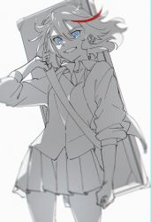 Rule 34 | 1girl, arm at side, bare legs, blue eyes, blurry, blurry foreground, breasts, case, clenched hand, clenched teeth, collared jacket, cowboy shot, depth of field, eyes visible through hair, fingernails, floating hair, greyscale, grin, hair between eyes, hand up, highres, jacket, kill la kill, looking at viewer, matoi ryuuko, medium breasts, medium hair, monochrome, motu0505, multicolored hair, pleated skirt, red hair, simple background, skirt, smile, solo, spot color, streaked hair, teeth, white background