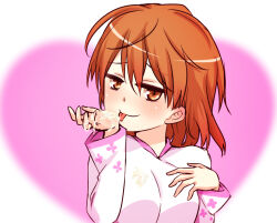 Rule 34 | 1girl, breasts, brown eyes, brown hair, closed mouth, commentary request, dress, floral print, hair between eyes, hands up, heart, heart background, i.u.y, licking, licking hand, light blush, long sleeves, looking at viewer, medium breasts, medium hair, messy hair, misaka worst, pink background, slit pupils, smile, solo, suggestive fluid, toaru majutsu no index, toaru majutsu no index: new testament, tongue, tongue out, upper body, vietnamese dress, white dress