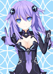 Rule 34 | 10s, 1girl, attenatten, bad id, bad pixiv id, blue background, blue eyes, bodysuit, braid, breasts, cleavage, cleavage cutout, clenched hand, clothing cutout, covered navel, emblem, female focus, gloves, hair between eyes, hair ornament, kami jigen game neptune v, leotard, light smile, long hair, magical girl, neptune (neptunia), neptune (series), outstretched arm, power symbol, power symbol-shaped pupils, purple hair, purple heart (neptunia), smile, solo, symbol-shaped pupils, turtleneck, twin braids, upper body, v, vambraces, very long hair