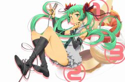 Rule 34 | arm warmers, boots, cake, flower, food, green eyes, green hair, hair flower, hair ornament, hatsune miku, legs, long hair, microphone, nansui kinoko, pastry, solo, twintails, very long hair, vocaloid, world is mine (vocaloid)
