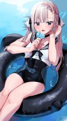 Rule 34 | 1girl, :p, black choker, black eyes, black nails, black one-piece swimsuit, black ribbon, black sailor collar, blue ribbon, blush, braid, braided bun, chigusa minori, choker, commentary request, day, food, hair bun, hair ribbon, hand in own hair, holding, holding food, innertube, lying, mole, mole under eye, nail polish, neck ribbon, on back, one-piece swimsuit, original, outdoors, partially submerged, popsicle, ribbon, sailor collar, silver hair, solo, swim ring, swimsuit, tongue, tongue out, twintails, water