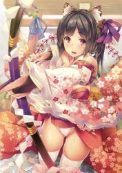 Rule 34 | 1girl, :d, absurdres, animal ears, arrow (projectile), blush, bow (weapon), bridal gauntlets, brown hair, cameltoe, cat ears, fundoshi, hair ribbon, highres, japanese clothes, kimono, open clothes, open mouth, open shirt, partially visible vulva, purple ribbon, red eyes, ribbon, shide, shimakaze (soundz of bell), shirt, smile, solo, thighhighs, tiger ears, toranoana, torii, weapon