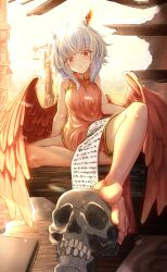 Rule 34 | 1girl, alternate costume, barefoot, besuteia, bird wings, blue hair, commentary request, crane (machine), dress, full body, head wings, highres, horns, looking at viewer, medium hair, multicolored hair, parted lips, red eyes, red wings, scroll, single head wing, sitting, skull, sleeveless, sleeveless dress, solo, tokiko (touhou), touhou, two-tone hair, white hair, wings