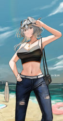 Rule 34 | 1girl, absurdres, ai-bon, alternate costume, arknights, arm up, bare shoulders, blue pants, blue sky, breasts, camisole, cloud, commentary, crop top, day, denim, dragon horns, eyewear on head, feet out of frame, female focus, grey eyes, grey hair, hair intakes, highres, horns, jeans, jewelry, large breasts, looking at viewer, midriff, navel, necklace, ocean, outdoors, pants, short hair, sky, solo, spaghetti strap, standing, stomach, sunglasses, surfboard, talulah (arknights)