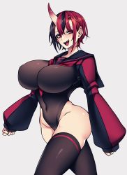 Rule 34 | 1girl, absurdres, ayame (hz), black hair, breasts, covered navel, cowboy shot, cropped legs, curvy, full body, highres, horns, huge breasts, hz (666v), impossible clothes, large breasts, leotard, navel, oni, oni horns, original, red hair, sailor collar, sharp teeth, short hair, single horn, teeth, thighhighs, thighs, two-tone sleeves, walking