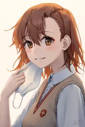 Rule 34 | 1girl, blouse, blush, brown eyes, brown hair, brown vest, commentary request, highres, looking at viewer, mask, unworn mask, misaka mikoto, mouth mask, nyamunyamu, school uniform, shirt, short hair, short sleeves, signature, simple background, solo, surgical mask, sweater vest, teeth, toaru kagaku no railgun, toaru kagaku no railgun s, toaru majutsu no index, tokiwadai school uniform, upper body, vest, white background, white shirt