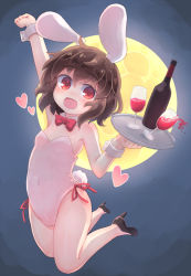 Rule 34 | 1girl, alternate costume, animal ears, arm up, black footwear, bottle, bow, bowtie, breasts, brown hair, clenched hand, commentary request, covered navel, cup, detached collar, floppy ears, full body, high heels, highres, holding, holding tray, inaba tewi, kibisake, legs up, leotard, looking at viewer, night, night sky, no socks, open mouth, outdoors, outstretched arm, pink leotard, playboy bunny, rabbit ears, rabbit tail, red bow, red bowtie, red eyes, short hair, sky, small breasts, strapless, strapless leotard, tail, thick eyebrows, touhou, tray, wrist cuffs
