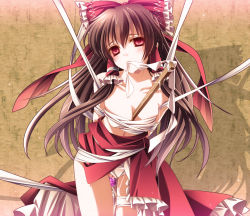 Rule 34 | 1girl, bare shoulders, bdsm, between breasts, blush, bondage, bound, bow, breasts, brown hair, cleavage, female focus, gohei, hair bow, hair tubes, hakurei reimu, highres, long hair, monety, mouth hold, panties, pussy juice, red eyes, sex toy, solo, textless version, touhou, underwear, white panties