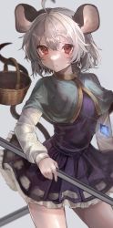 Rule 34 | 1girl, absurdres, ahoge, animal ears, basket, black dress, blurry, blush, breasts, capelet, closed mouth, contrapposto, cowboy shot, depth of field, dowsing rod, dress, dual wielding, frown, gold trim, grey background, grey hair, guanylunba, hair between eyes, highres, holding, holding with tail, jewelry, long sleeves, looking at viewer, medium breasts, mouse ears, mouse tail, nazrin, pendant, petticoat, prehensile tail, puffy long sleeves, puffy sleeves, red eyes, short hair, solo, tail, touhou