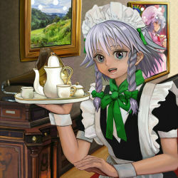 Rule 34 | 1girl, apron, ascot, bad id, bad pixiv id, black dress, blue hair, bow, braid, brooch, cup, dress, grey eyes, hair bow, hallway, hand on own chest, hat, hat bow, houhokekyo, indoors, izayoi sakuya, jewelry, long skirt, maid, maid apron, maid headdress, mob cap, open mouth, phonograph, pink shirt, pink skirt, portrait (object), puffy short sleeves, puffy sleeves, red eyes, reflection, remilia scarlet, shirt, short hair, short sleeves, silver hair, skirt, smile, solo, teacup, teapot, teeth, tongue, touhou, tray, twin braids, wrist cuffs