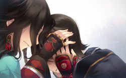 Rule 34 | 10s, 2boys, black hair, covering own ears, earrings, endend (shinia), fingerless gloves, gloves, hands up, horikawa kunihiro, izumi-no-kami kanesada, japanese clothes, jewelry, long hair, male focus, multiple boys, parted lips, simple background, touken ranbu, upper body, wide sleeves