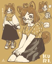 Rule 34 | !, 1girl, ahoge, animal ears, brown background, cropped legs, dog ears, dog girl, dog tail, ebiebi, heart, heart ahoge, highres, looking at viewer, multiple views, nail polish, open mouth, original, print shirt, scarf, shirt, shoes, short hair, signature, skirt, sneakers, socks, spoken animal, sweater, tail, thought bubble, wavy mouth